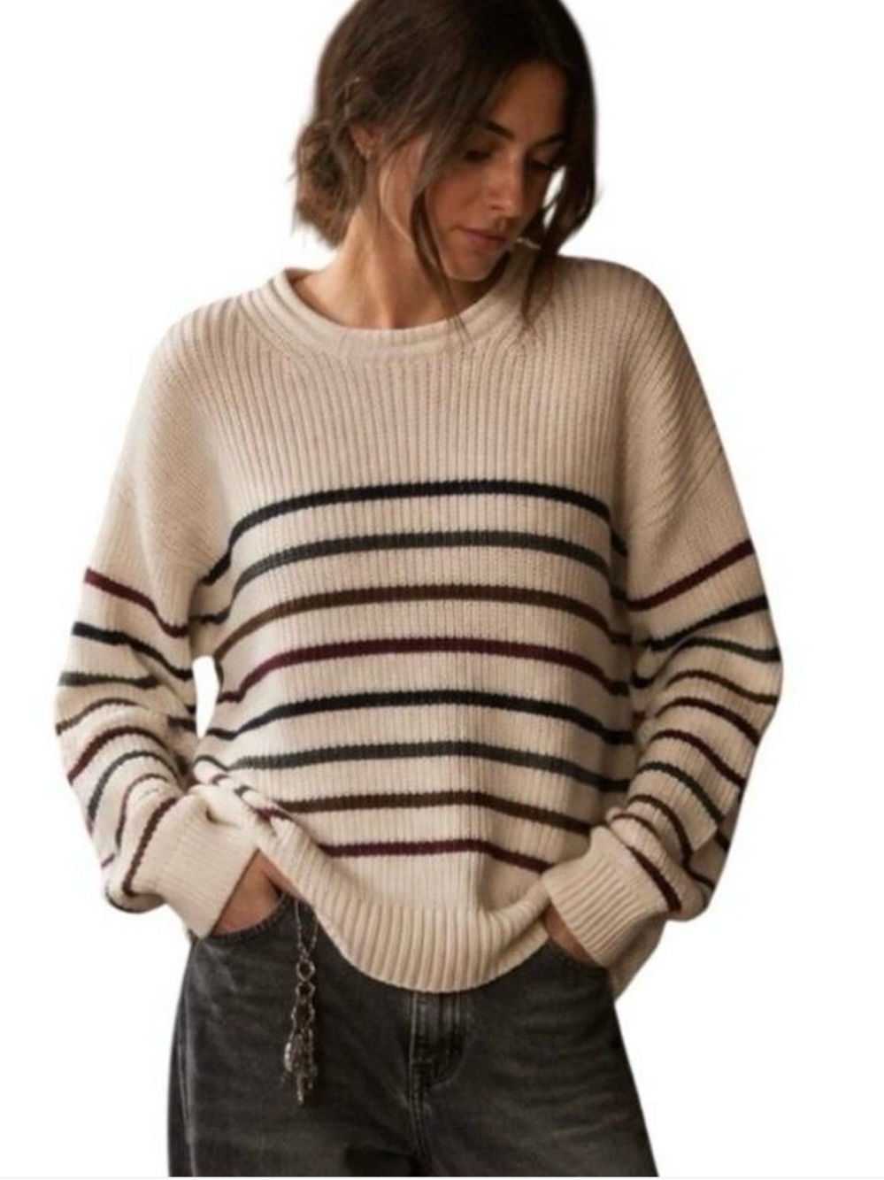 Gap Roll Neck Chunky Cotton Sweater Striped M Beige Old Money Preppy
